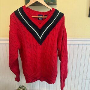 Gap Red Cable Knit V-Neck Sweater With Black & White Striped Collar M